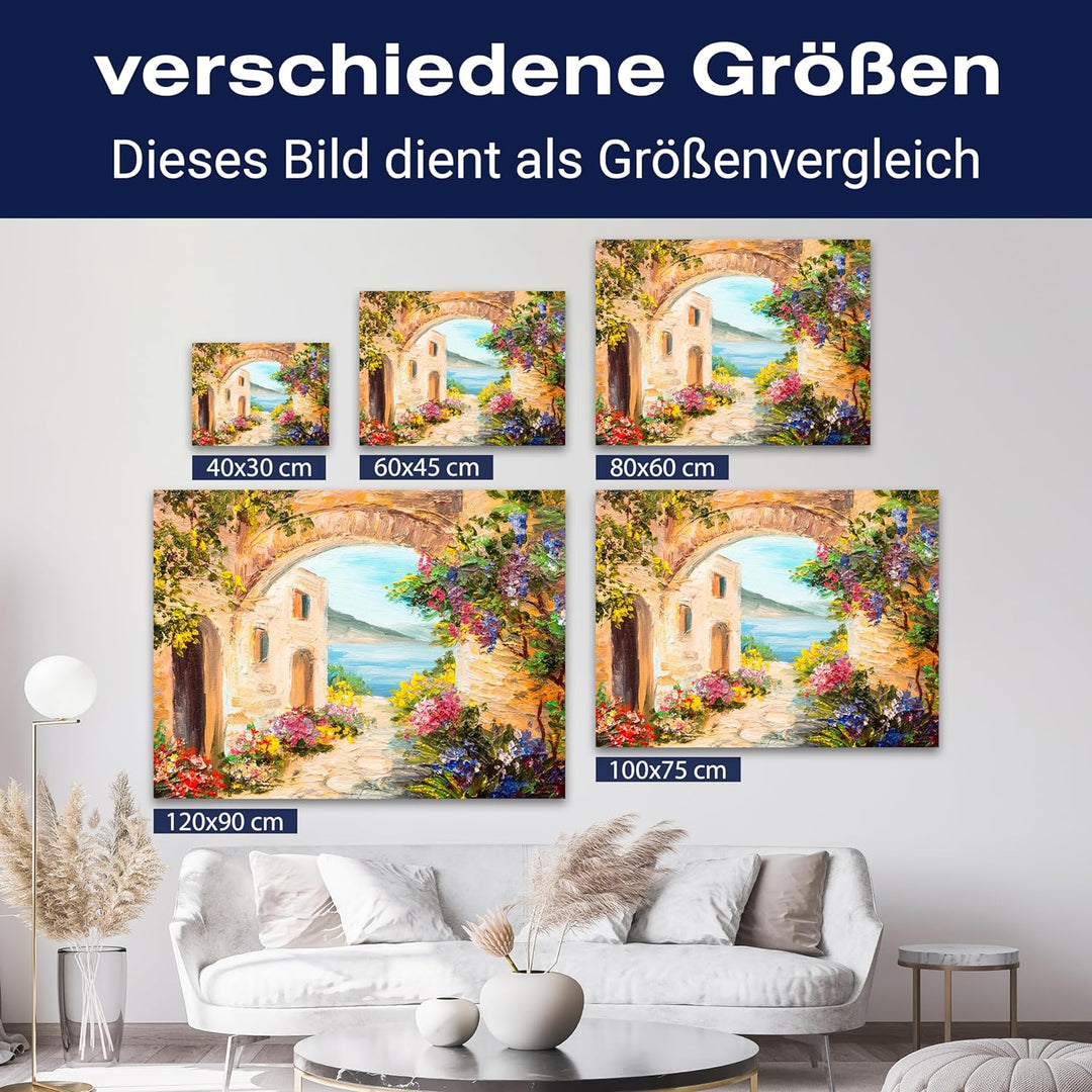 wandmotiv24 Leinwandbild Malerei, 40x30cm, Querformat, Gasse, mediterran, Meer, Deko, Bilder auf Lei