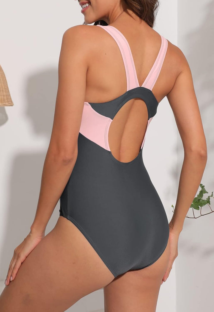 Halcurt Damen Sportlicher Einteiler Badeanzug Racer Back Schwimmanzug Figuroptimizer Bademode Grau/R