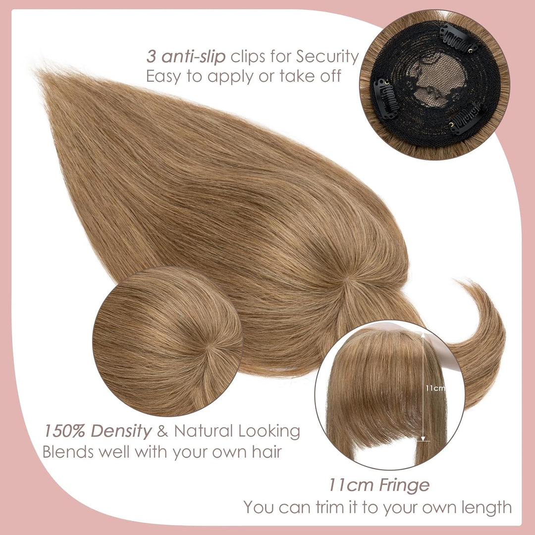 Haarteile Echthaar Clip in Extensions Echthaar Topper Extensions Echthaar mit Pony(11cm lang) Toupet