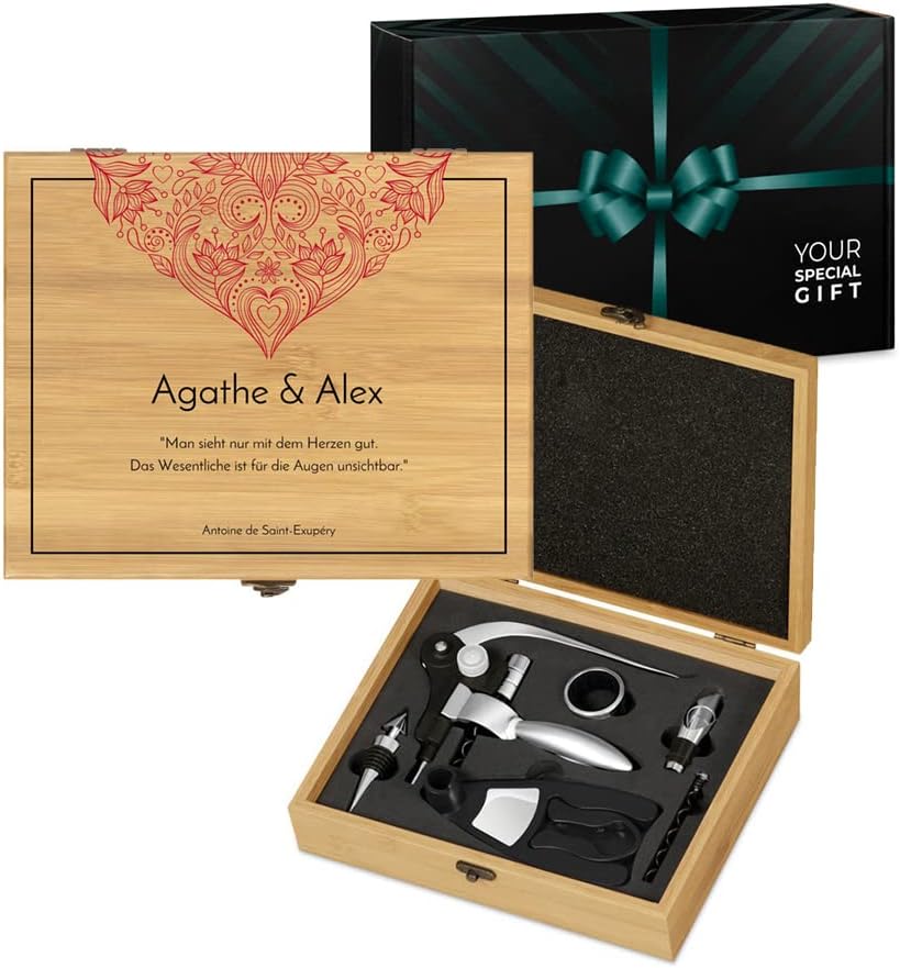 Maverton Weinöffner-Set personalisiert Weinset Sommelier Set - Geschenkbox Holzbox + 6er Weinzubehör