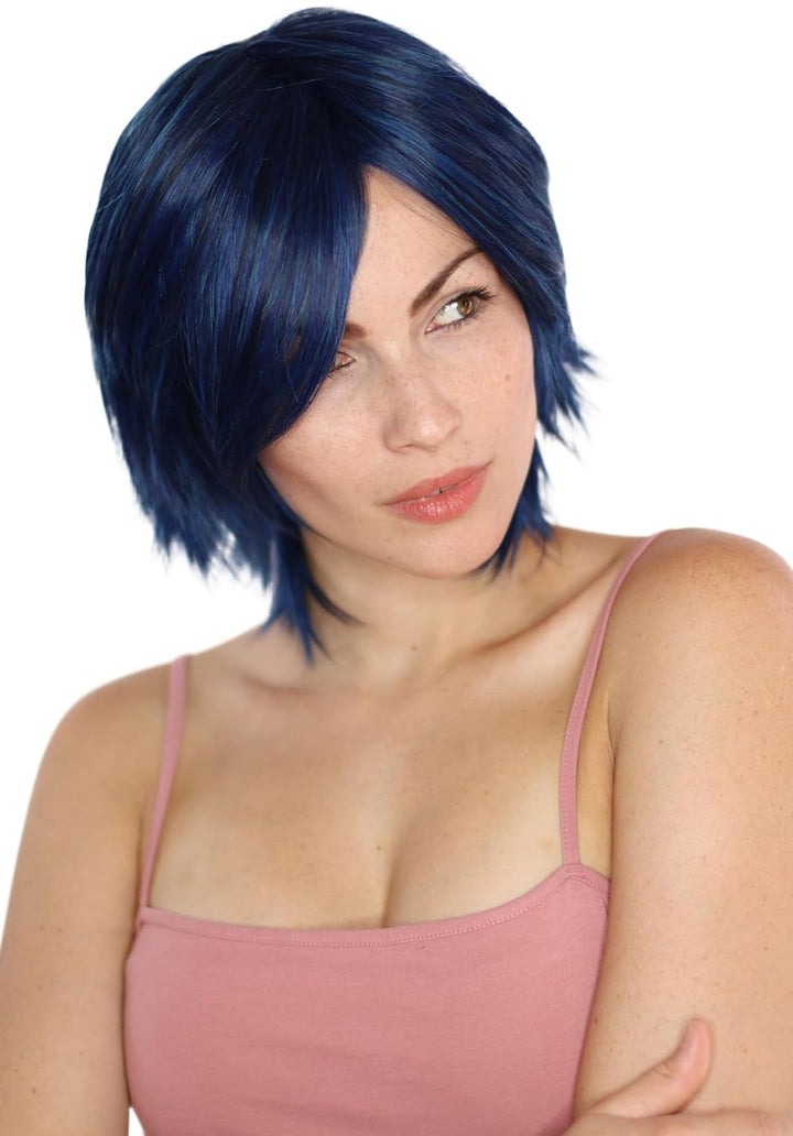 Prettyland blau-schwarz kurze Mittel-lange Perücke mit Pony Gestuft fransig Damen & Herren natürlich