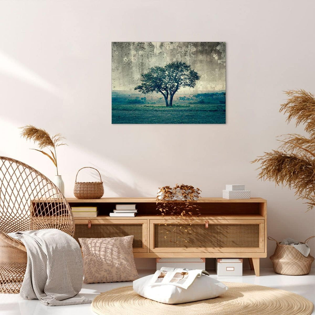 Bilder auf Leinwand Baum Natur Feld Leinwandbild mit Rahmen 70x50cm Wandbilder Dekoration Wohnzimmer