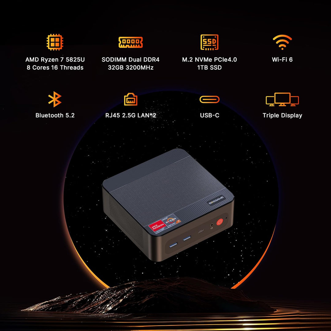 BOSGAME P4 Plus Dual 2.5G LAN Mini Gaming-PC, AMD Ryzen 7 5825U Prozessor (bis zu 4,5 GHz), Windows