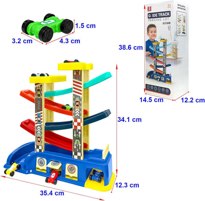 YATOSEEN Kugelbahn Autorennbahn Spielzeug, Montessori-Spielzeug mit 6 Miniautos und 4 Farbenfrohen R