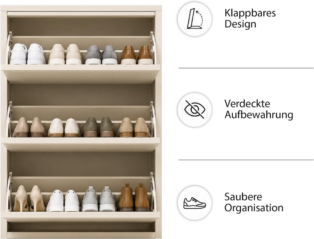 Schuhschrank Schmal mit 3 Klappen, Metall, Freistehend oder Wandmontage, für Flur, Eingang &amp; Diele,
