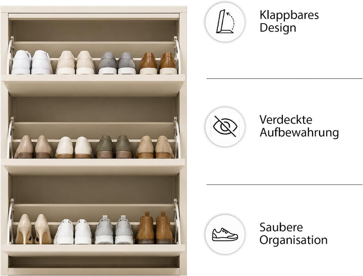 Schuhschrank Schmal mit 3 Klappen, Metall, Freistehend oder Wandmontage, für Flur, Eingang &amp; Diele,