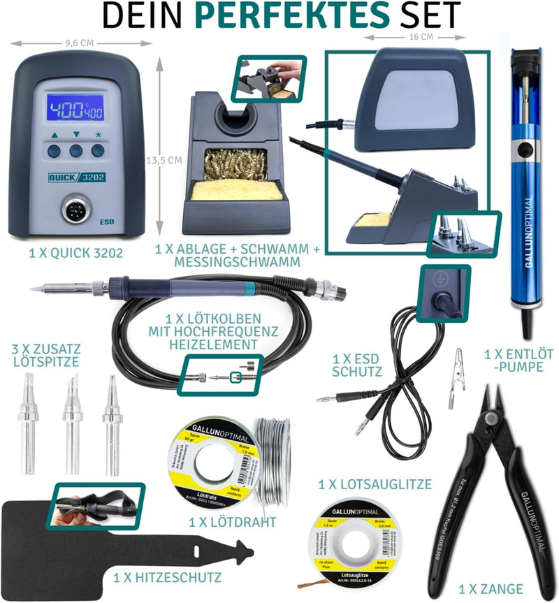 QUICK 3202 Digital Regelbare ESD Lötstation 90 Watt inkl. Lötkolben mit 1 mm Lötspitze und Zubehör -