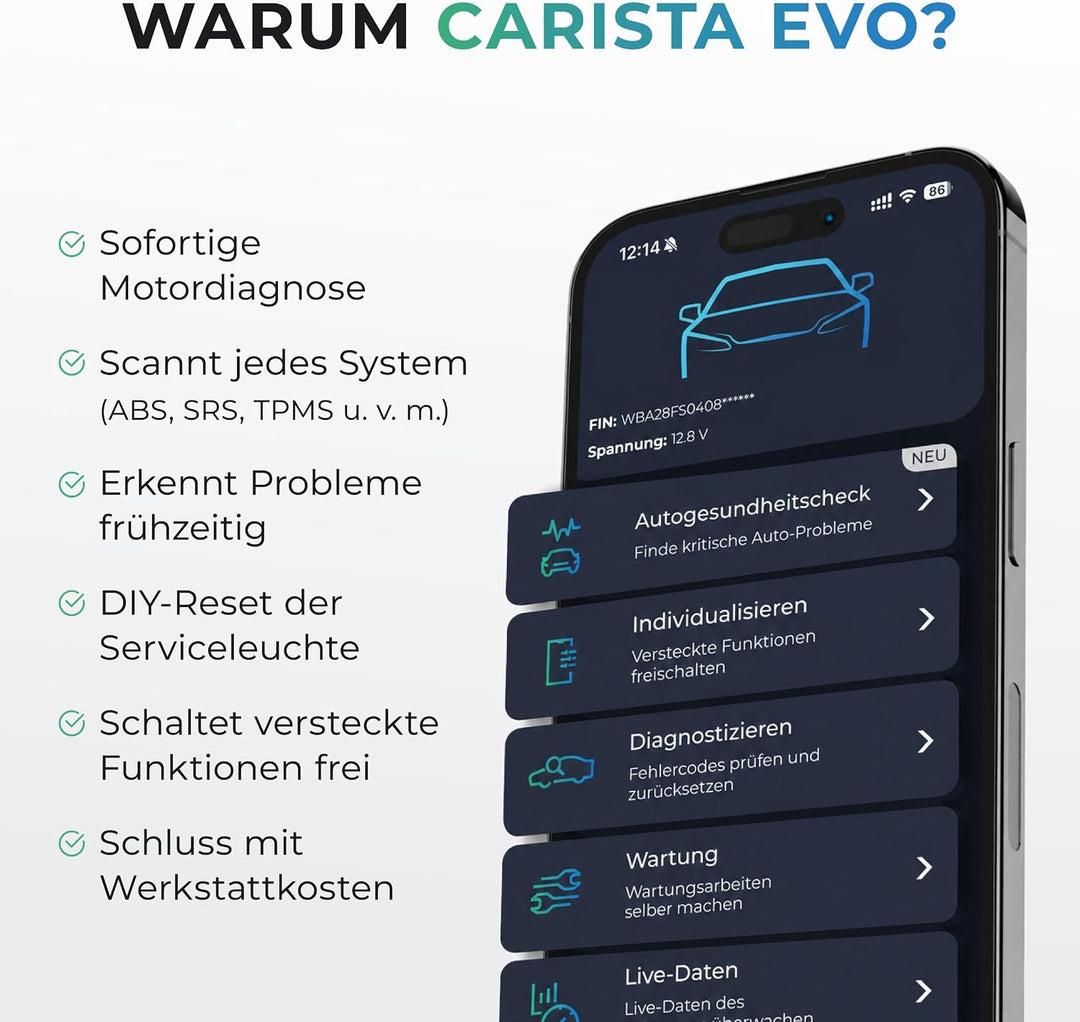 CARISTA EVO- Bluetooth Adapter: Diagnose, Anpassung, Wartung, Live-Daten, Carista EVO