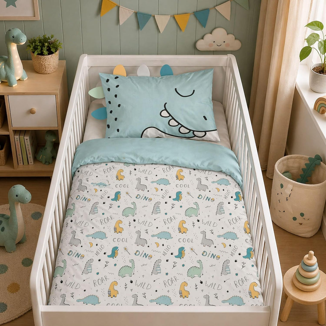 Familando Baby-Bettwäsche mit Ohren/Stacheln 100x135 40x60 cm · Dino Bettwäsche Hellblau für Kleinki