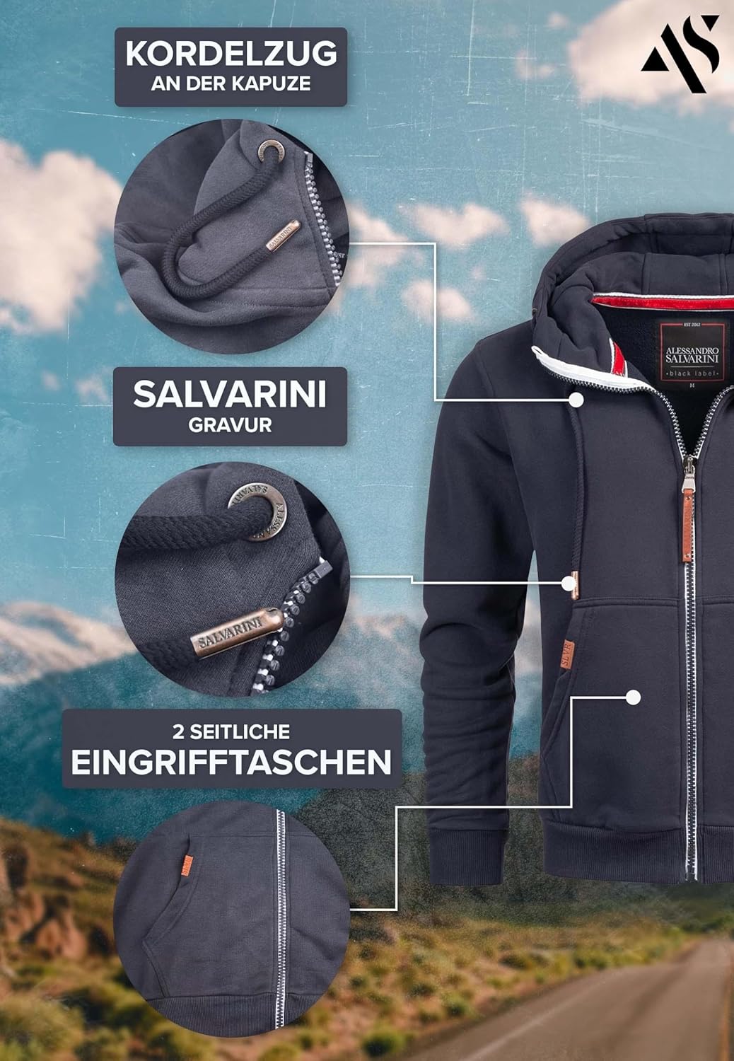 ALESSANDRO SALVARINI Herren Sweatjacke (S-3XL) mit Kapuze - Leicht, Atmungsaktiv, Kapuzenpullover mi