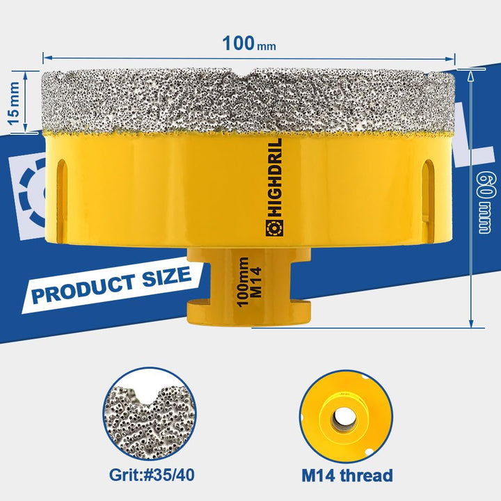 HIGHDRIL Diamant Bohrkrone - 100mm Lochsäge Fliesen M14 Gewinde für Porzellan Fliese Keramik Granit