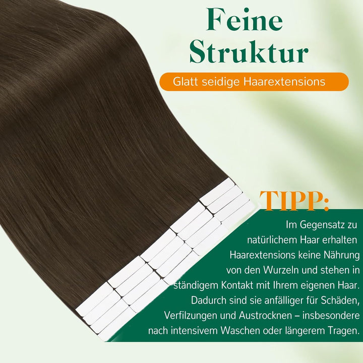 Easyouth Tape on Extension Echthaar Remy Extension Tape on Echthaar Farbe Dunkelste Braune 24 Zoll 5