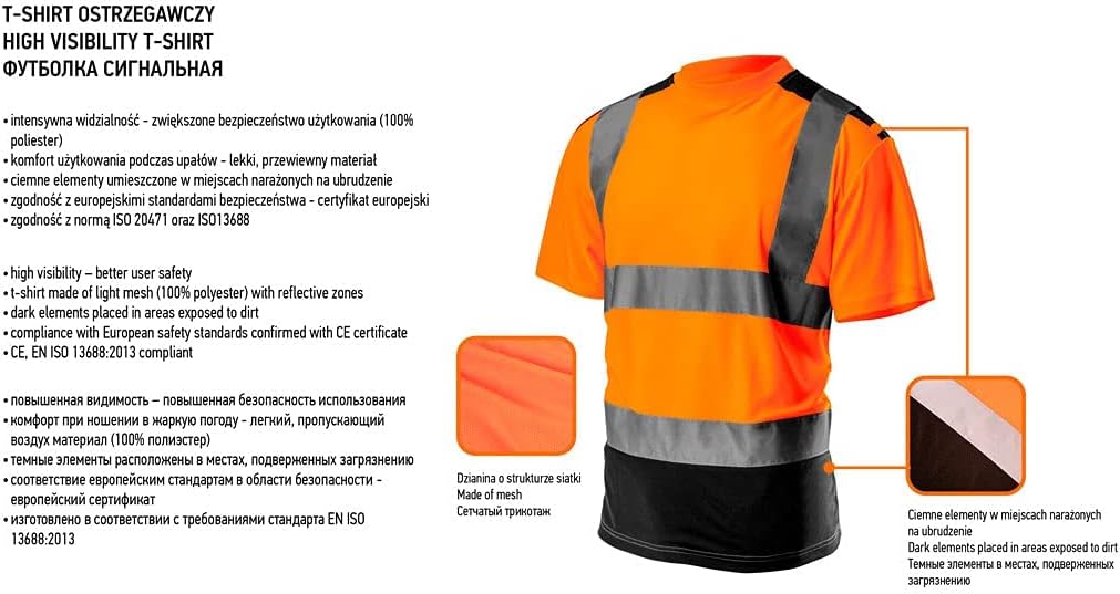 NEO TOOLS Profi Warnschutz T-Shirt Kurzarm Arbeitsshirt Arbeits warnshirt reflektierende Zonen Warns