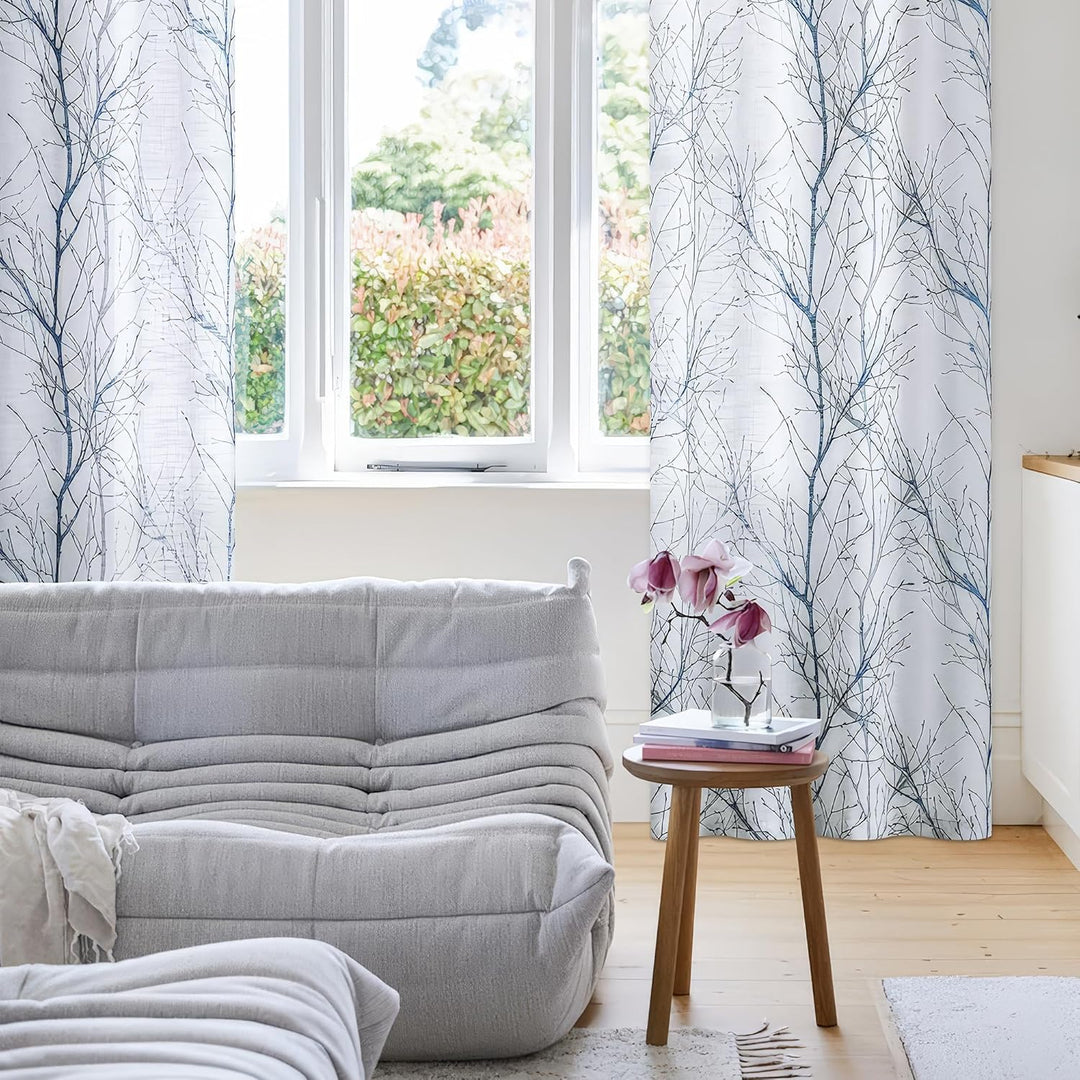 FMFUNCTEX Bedruckte Vorhänge für Schlafzimmer, 160 cm, Grauer Baumzweig, Druck auf Leinenstruktur, F