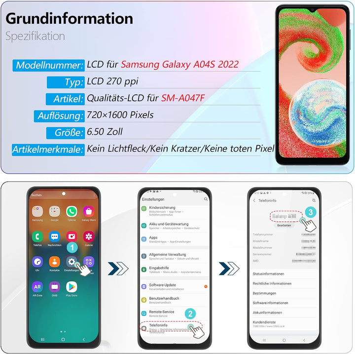 RongZy Display für Samsung Galaxy A04S 2022 SM-A047F LCD Bildschirmersatz Digitizer Touchscreen Mont