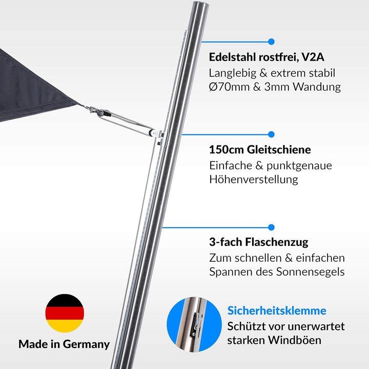 Toldoro® Sonnensegel 6x6x6 m dreieckig & regendicht/Komplettset inkl. 2X Wandhalter, 1x Mast mit Höh