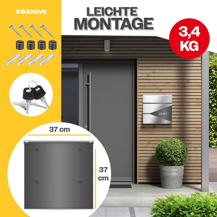 KESSER® Briefkasten mit Zeitungsfach Wandmontage Wandbriefkasten Edelstahl, 2X Schlüssel abschliessb