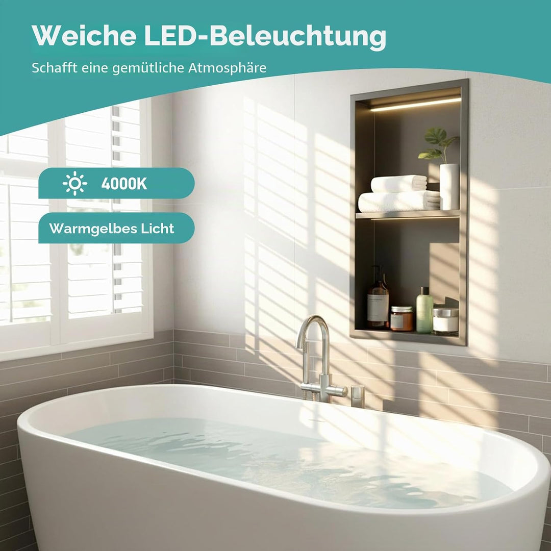 Zyncove Wandnische Dusche mit LED-Beleuchtung (4000K Warmweiss), 304 Edelstahl Duschnische mit Ablag