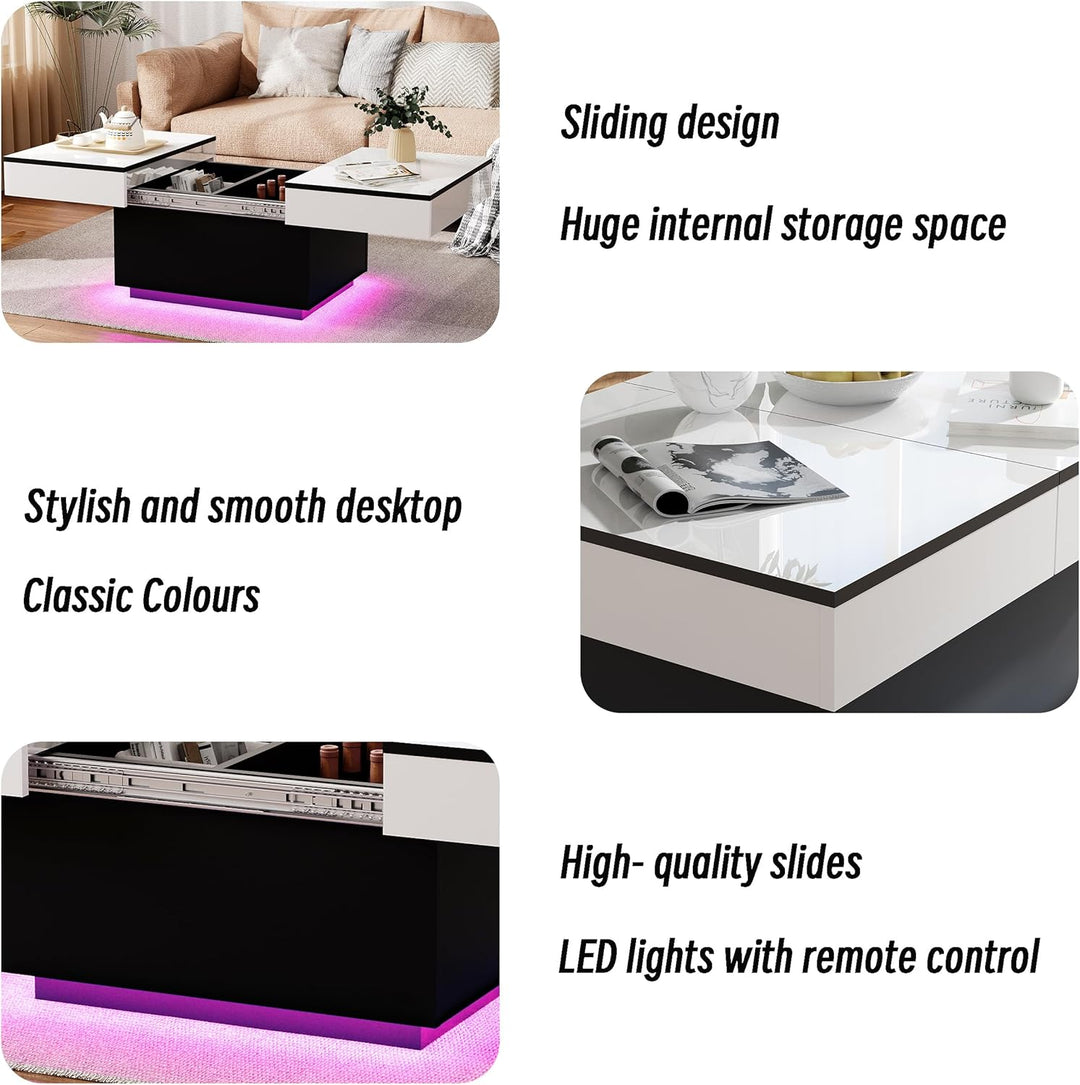 JoliJour Couchtisch Weiss Hochglanz mit LED,Ausziehbarer Couchtisch,Hochglanz-Finish,Wohnzimmertisch