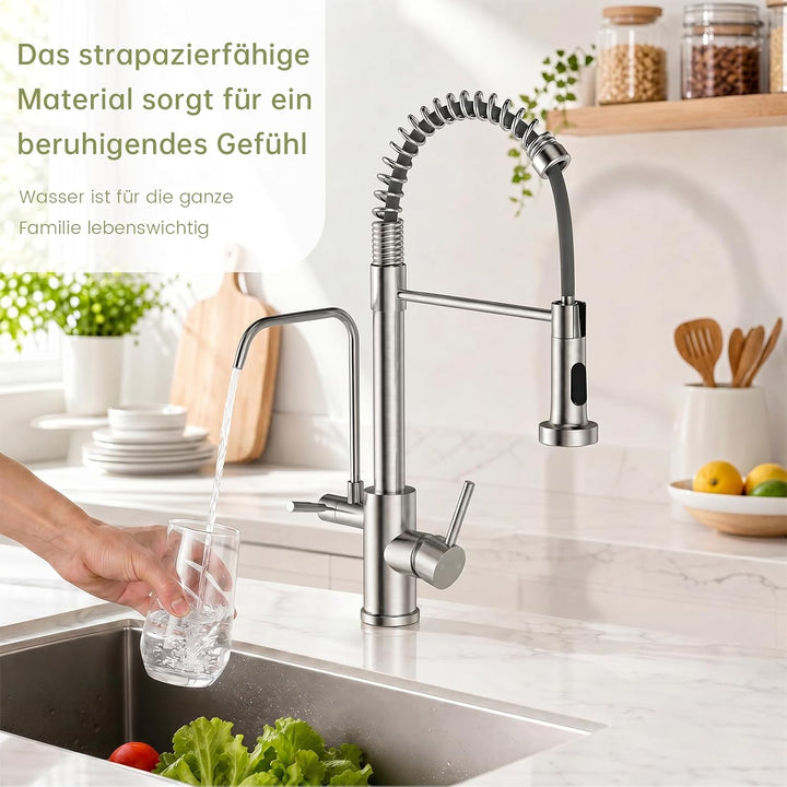 3 Wege Wasserhahn Küche, 3 in 1 Wasserhahn Küche Ausziehbar Gebürstet Edelstahl 3 Wege, Gebürstet Ed