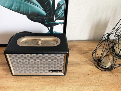 SCHWAIGER 661705 Retro Bluetooth Lautsprecher Vintage Speaker Lederoptik Holzgehäuse Akku HiFi Musik
