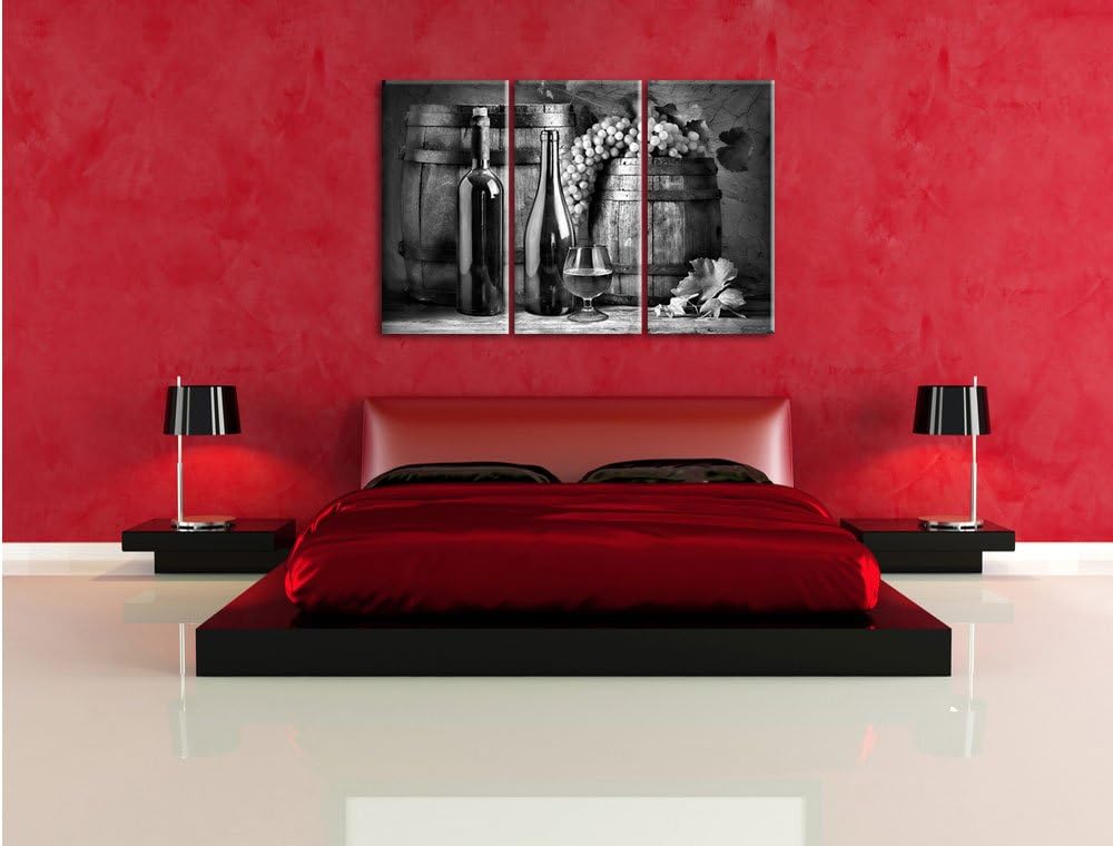 Pixxprint Fässer mit Weintrauben und Wein als Leinwandbild/Grösse: 3 Teilig (120x80 cm) cm/Wandbild/