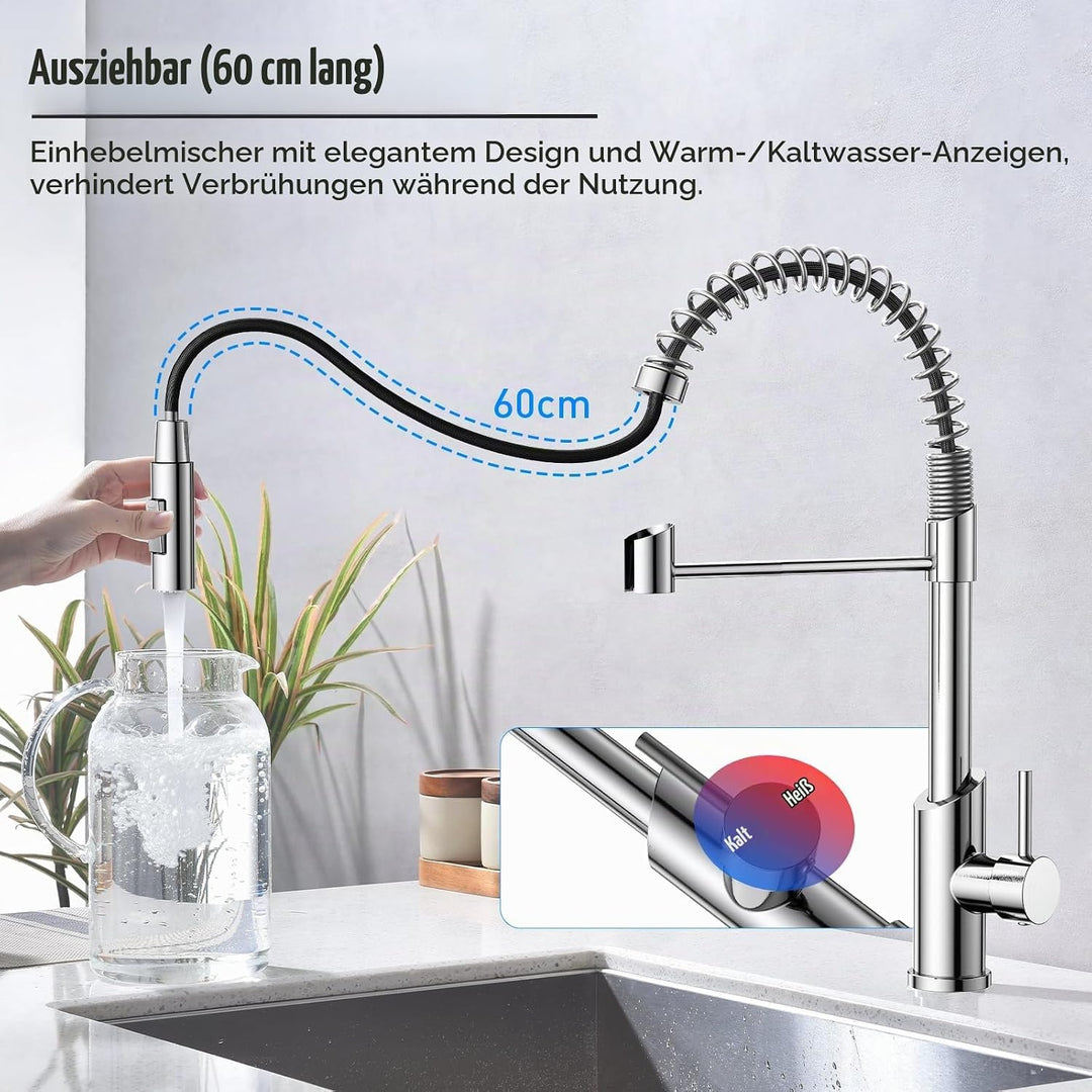 Wasserhahn Küche,Hoher Bogen Hochdruck Küchenarmatur mit Herunterziehen Brause, Spiralfeder Spültisc