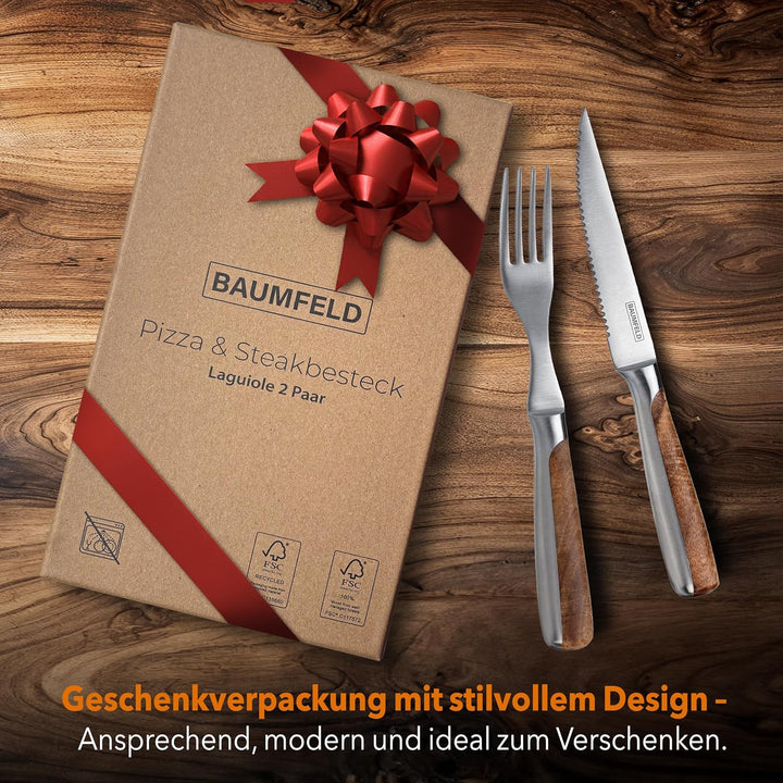 Pizza- und Steakbesteck (Akazienholz, 4 teilig) 4 teilig Edelstahl, 4 teilig Edelstahl