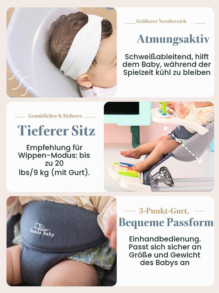 CuddoBaby 4-in-1 Babywippe mit Rädern, abnehmbares Klavier &amp; Futtertablett, 3-stufig verstellbarer k