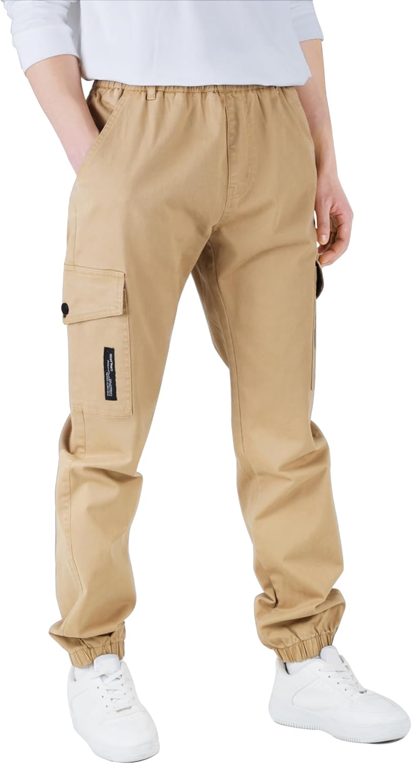 CAMLAKEE Kinder Jungen Cargohose Jogger Hose mit elastischem Bund 128-134 Beige, 128-134 Beige