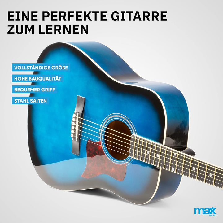 MAX SoloJam Westerngitarre, Akustik Gitarre Set, Acoustic Guitar, Akustikgitarre 4/4 mit Tasche, Ple