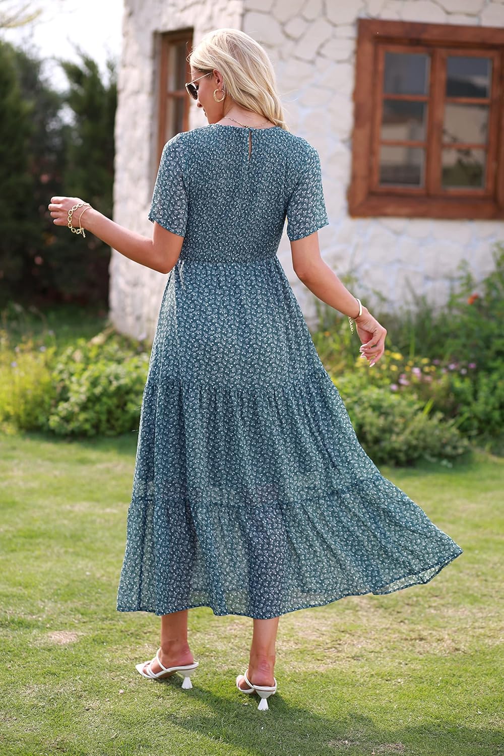 BTFBM Lässiges Sommerkleid für Damen, kurzärmelig, mit Rundhalsausschnitt, Boho-Stil, mit Blumendruc