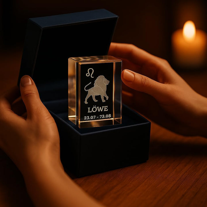Löwe 3D Glas Kristall Quader XL Sternzeichen im Hochformat - Wien Österreich Austria - Setzkasten De