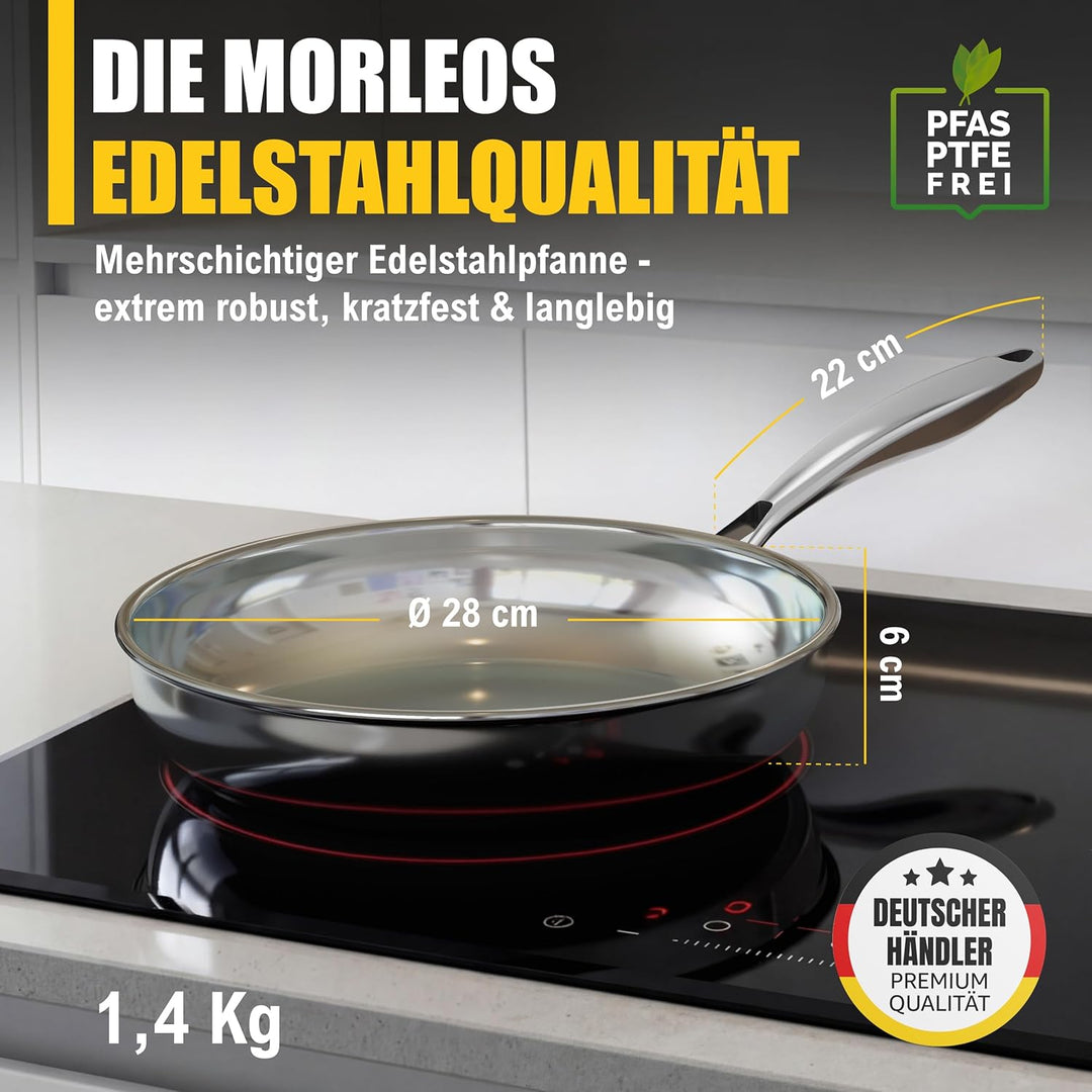 Edelstahlpfanne 28cm Unbeschichtet | 5-Schicht - 3mm -1,3 kg | Bratpfanne aus Edelstahl für Induktio