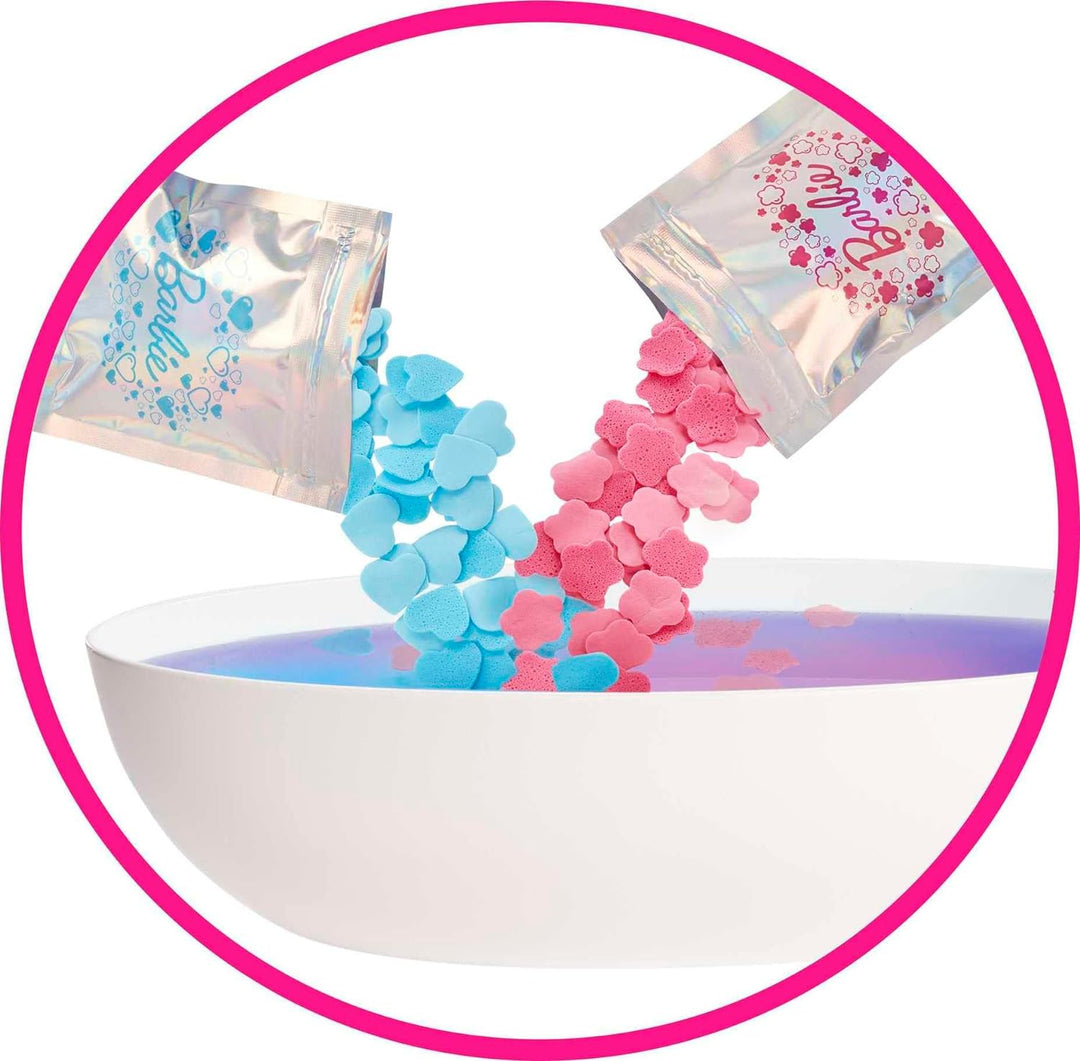 Barbie Self-Care Serie, Konfetti-Bad, Barbie-Puppe mit braunen Haaren, Badeanzug, Welpe, Badewanne,