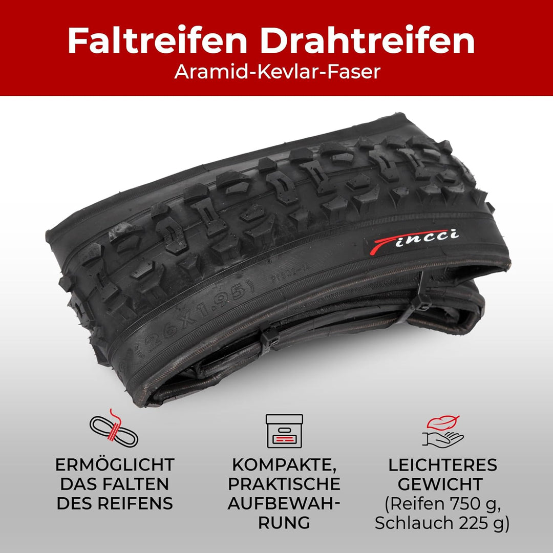 Fincci Set Paar Fahrradreifen 26 x 1.95 Zoll 50-559 Faltbar 60 TPI Reifen mit Autoventil Fahrradschl