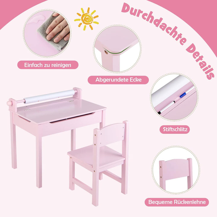 DREAMADE Schreibtisch Kinder mit Stuhl, Schülerschreibtisch aus Holz, Jugendschreibtisch, Kindertisc
