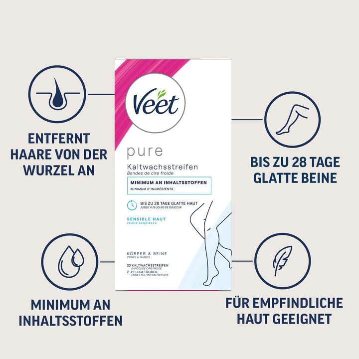 Veet Pure Kaltwachsstreifen für Körper, Arme & Beine - Haarentfernung für sensible Haut - Bis zu 28