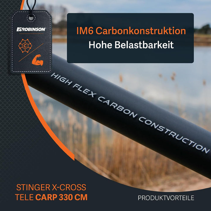 Robinson Angelrute - Teleskoprute Karbon - Kompaktes Transportmass - Robuste Ringe - Rutschfester Ro