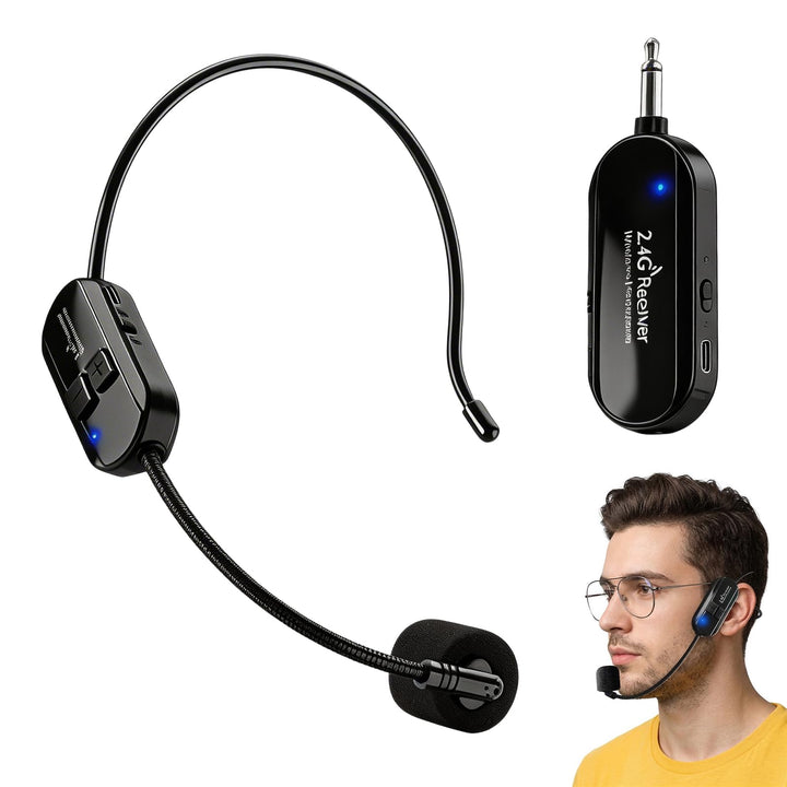 Wireless Mikrofon Headset,2.4G Kabelloses Mikrofon Funkmikrofon,Wiederaufladbares Drahtloses Mikrofo