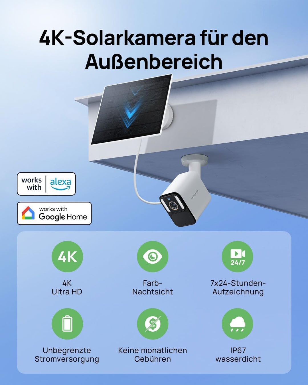 Anona Aurora 4K Solar Überwachungsset (4er-Pack) für Aussen, kabellos, 8MP Farb-Nachtsicht, 24/7-AOV
