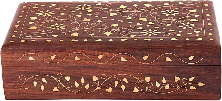 Ajuny Wooden Decorative Jewelry Storage Keepsake Box Organiser with Mughal Inspired Brass Inlay-8x5