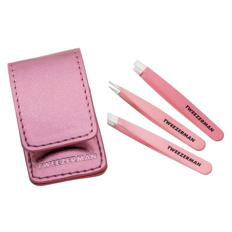 TWEEZERMAN Mini Pinzetten Set, 3 teilig zum Augenbrauenzupfen für Reise und Unterwegs, Pink