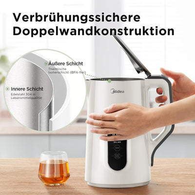 Midea Wasserkocher mit Temperatureinstellung, 1,5 Liter, 2200W Doppelwand, wasserkocher weiss, Teeko