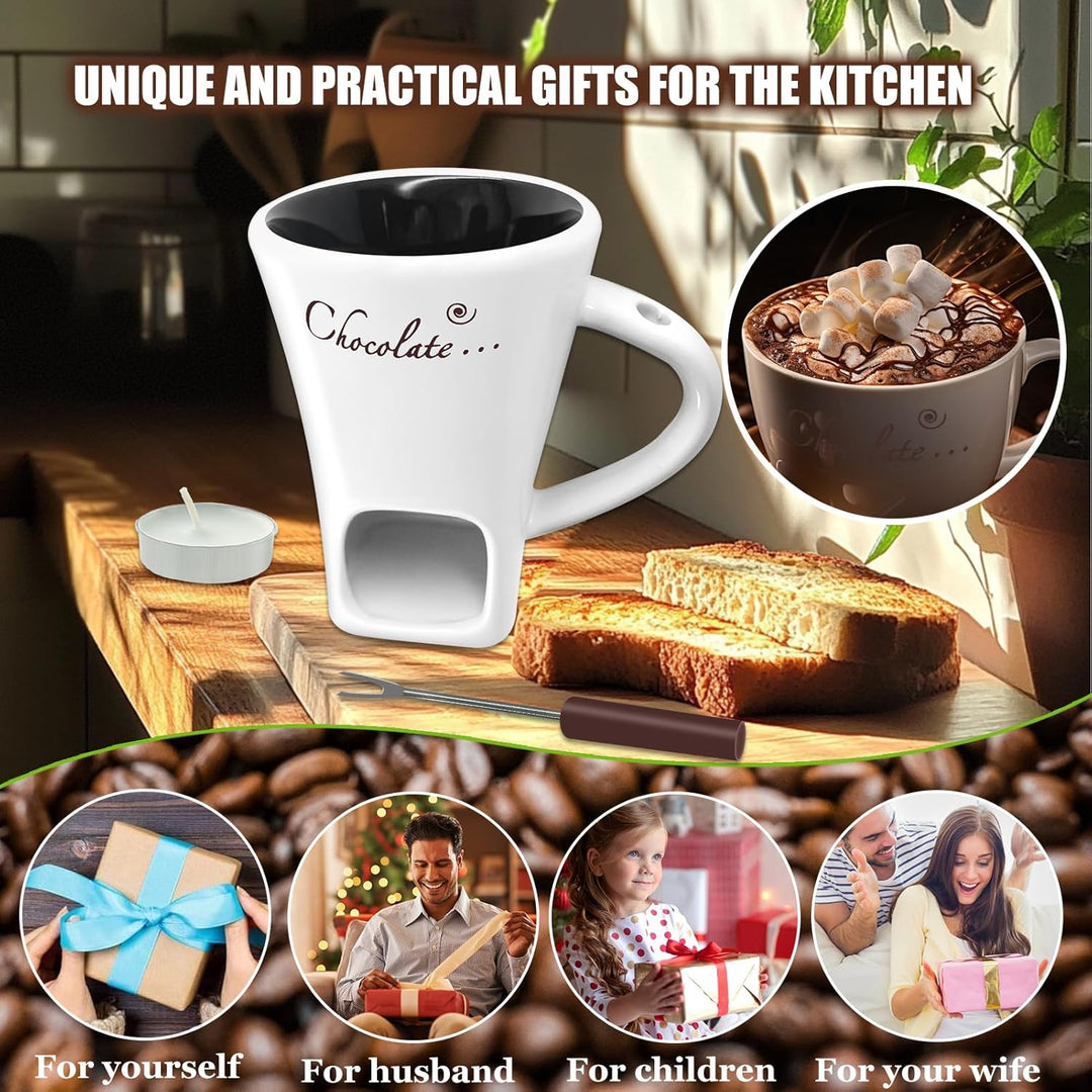Schokofondue Tasse, 200ml Schokoladen Fondue Becher Set, Keramik Schokoladenfondue Set, mit Gabel un