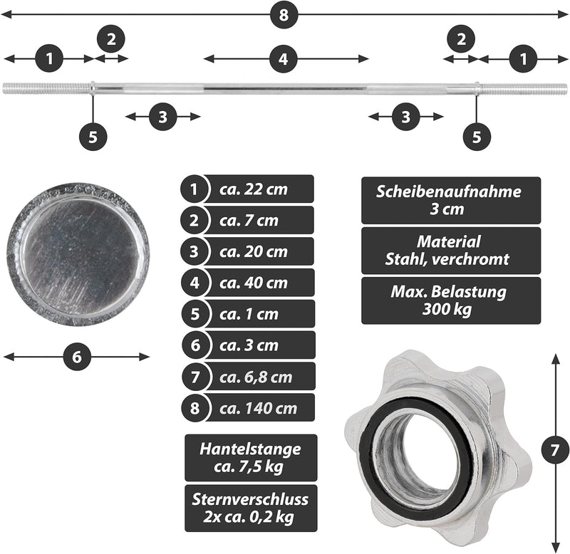 MAXXIVA Hantelstange 140 cm Langhantelstange Krafttraining Zugstange silber verchromt Sternverschlus