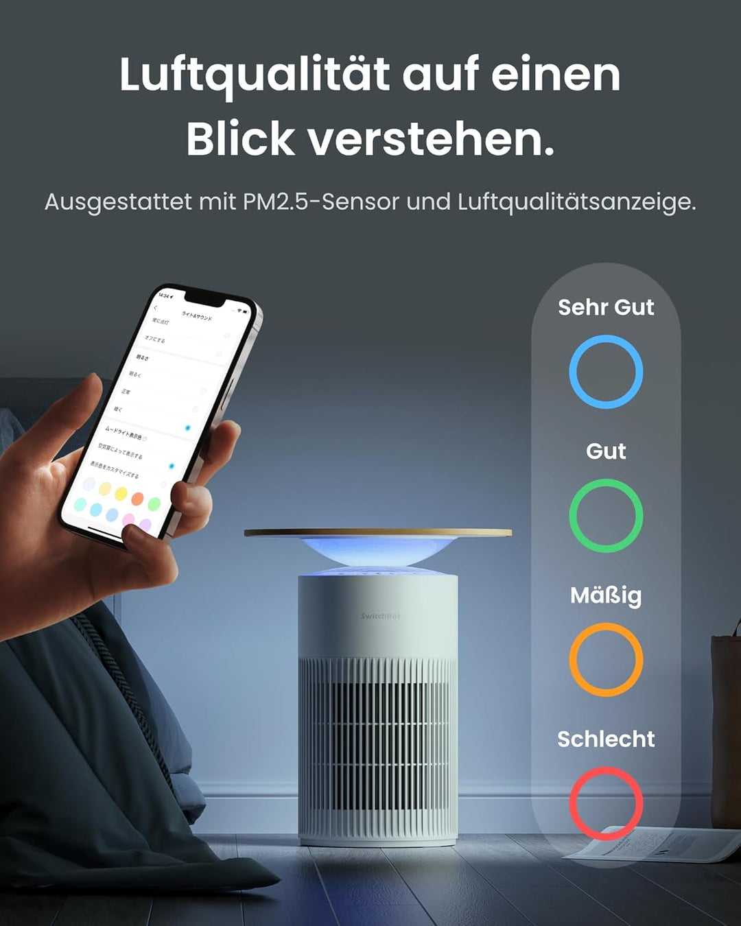 SwitchBot Luftreiniger mit App-Steuerung und Nachtlicht, CADR 400m³/h bis zu 83㎡ Zimmer, HEPA-Filter