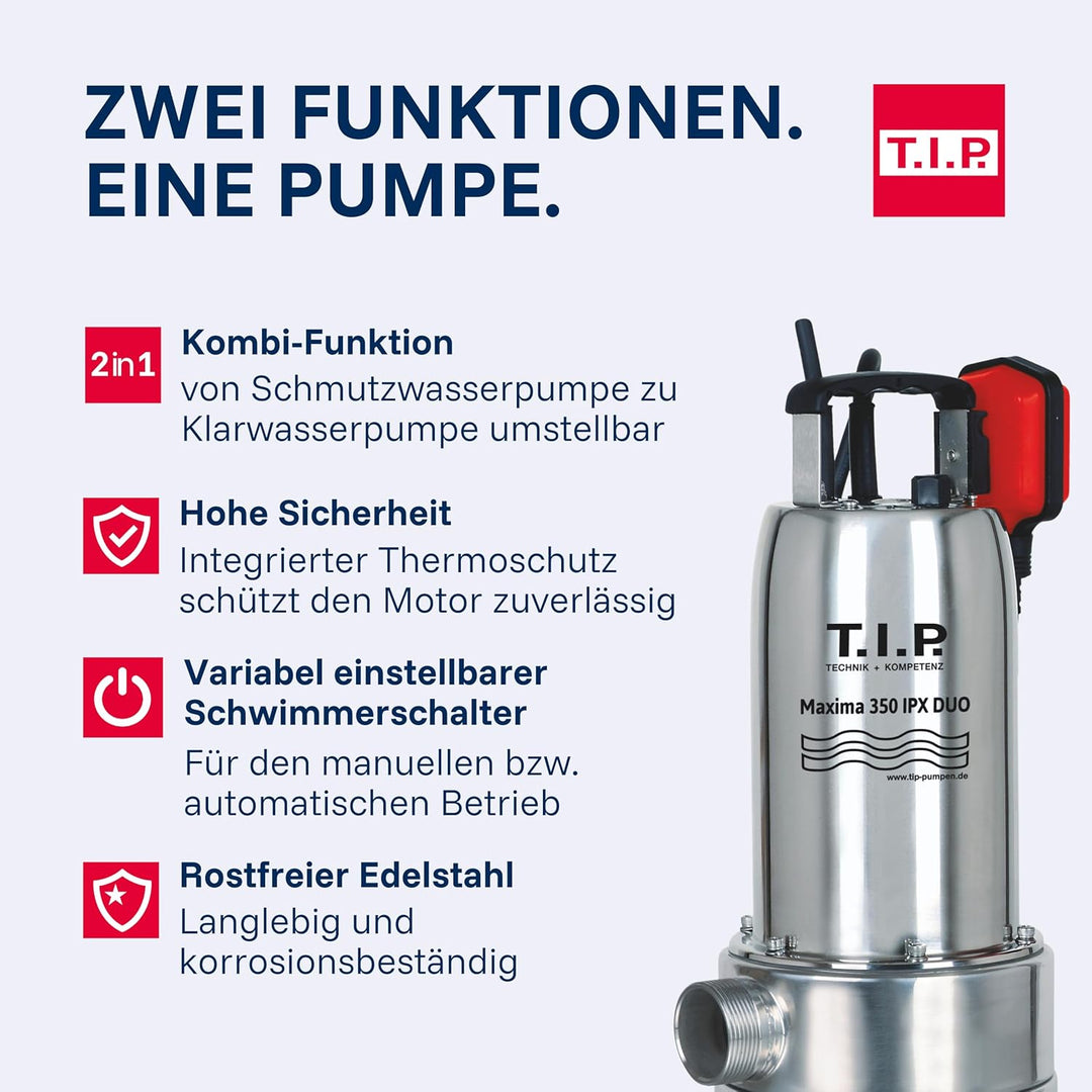 T.I.P. Schmutzwasser Tauchpumpe Edelstahl mit Duo-Ring (20.000 l/h Fördermenge, 1 mm Flachabsaugend,