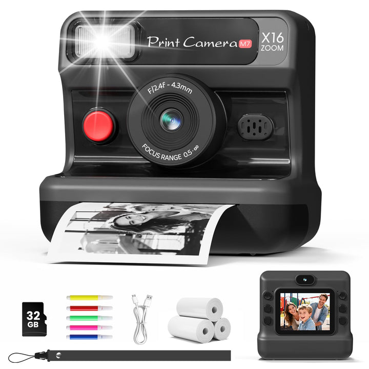 CalineGam Kinderkamera Sofortbildkamera, 1080P HD Sofortbildkamera Kinder mit 32 GB Karte und 3 Papi