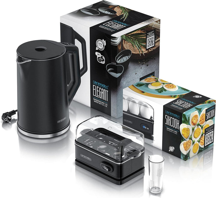 Arendo - Set Wasserkocher ELEGANT mit Eierkocher SIXCOOK Edelstahl Schwarz, Wasserkocher 1,5L 40° -